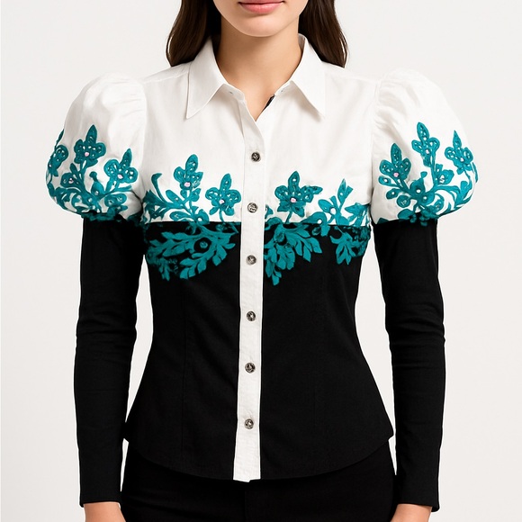 VDP Tops - VDP Beaded Puff Sleeve Stretch Top